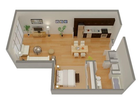 Floor plan for 1 bed, 1 bath, 851 sqft